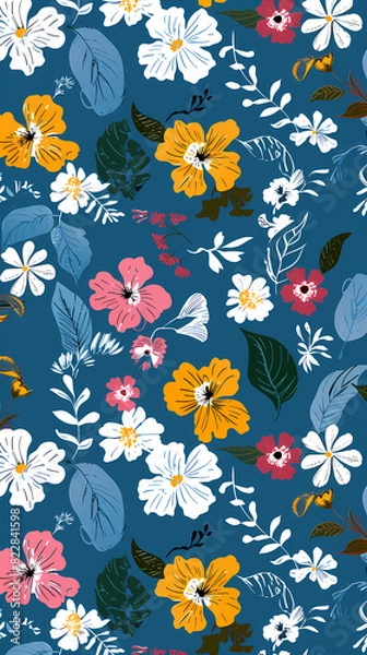 Fototapeta Collection of colorful floral elements in flat color. Set of spring and summer wild flowers, plants, branches, leaves and herb.