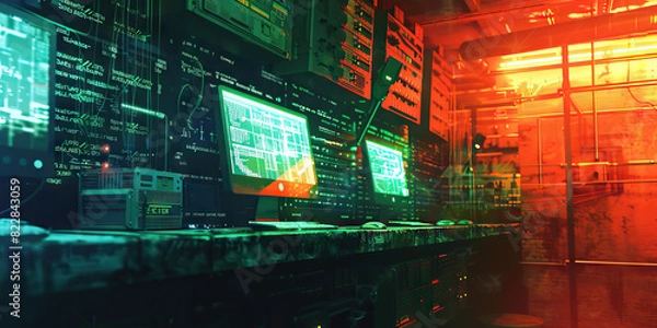 Fototapeta Underground Hacker Hideout: Displaying a hidden base where hackers gather to plan cybercrimes and conduct illicit activities