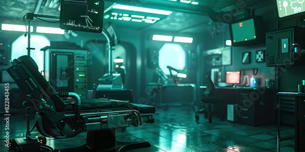 Fototapeta Black Market Cybernetics Clinic: Featuring a clandestine clinic where individuals can get illegal cybernetic enhancements