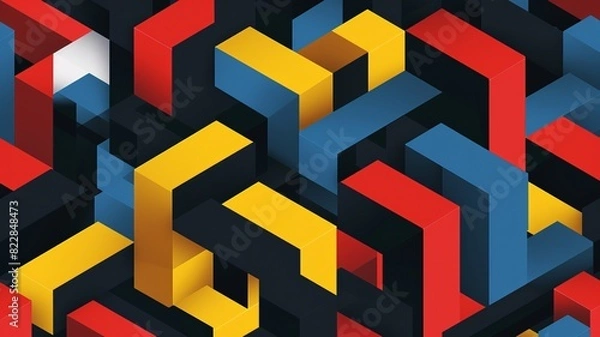Fototapeta Colorful abstract geometric pattern with interlocking shapes in red, yellow, blue, and black background. Modern and vibrant design.
