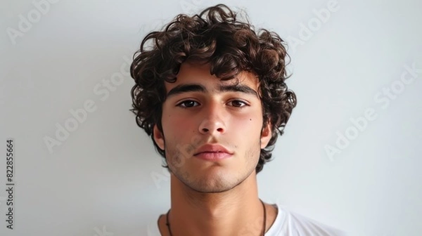 Obraz The face of a young man with curly hair facing the camera against a plain background.