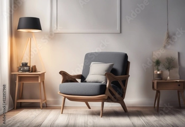 Fototapeta decoration frame interior armchair mockup light drawer chill living room canvas poster relaxing area soft place square copy space wooden dresser hardwood floor art