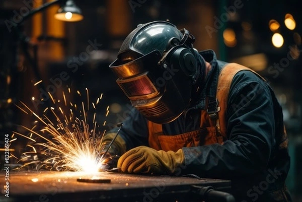Obraz welder is welding metal with safety suit in factory industry