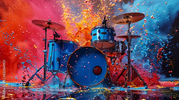 Obraz abstract pattern with drums in paint splash, dynamic music. Wall Art Design for Home Decor, 4K Wallpaper and Background for Computer, Smartphone, Cellphone, Mobile Cell Phone, desktop, laptop, Tablet