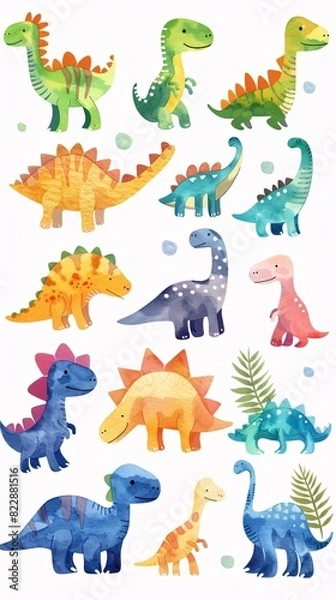 Fototapeta A safari-themed illustration set featuring small dinosaurs in various colors, depicted in a watercolor style. This vector illustration is perfect for playful designs.