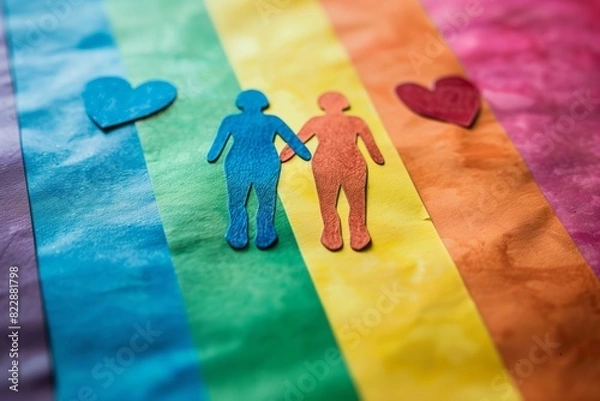 Fototapeta Paper cutout figures on rainbow background symbolizing LGBTQ love