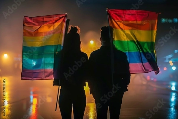 Fototapeta Silhouetted Couple Holding Pride Flags at Night.