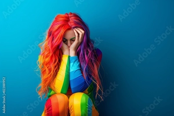 Fototapeta Woman with Rainbow Hair and Outfit Sitting.