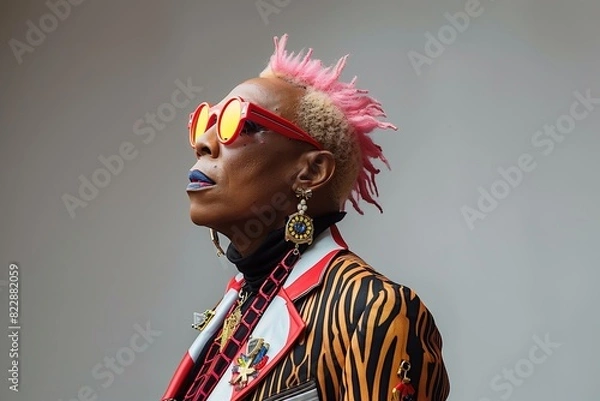 Fototapeta Elderly Woman in Vibrant Fashion and Pink Hair.