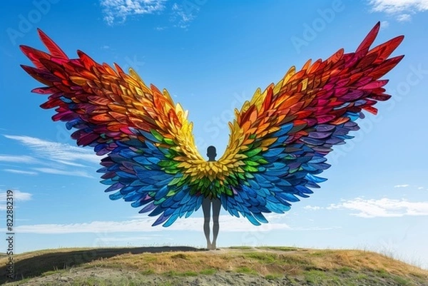 Fototapeta Silhouetted Figure with Rainbow Wings in Nature.