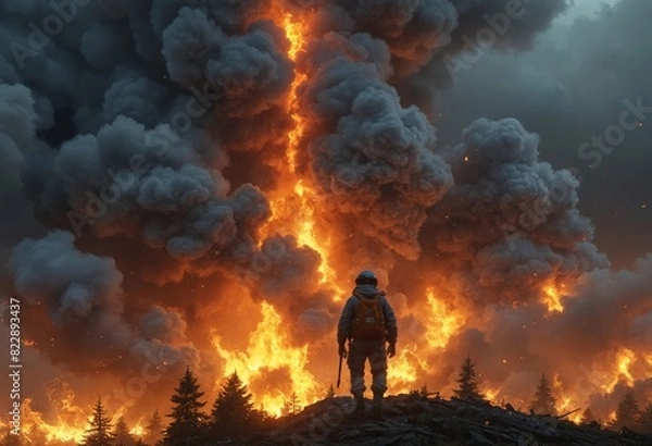 Fototapeta raging forest fire is engulfing more trees. Sparks are flying around. Smoke partially obscures view. Firefighter is watching wildfire landscape