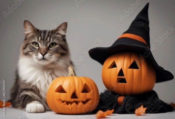 Obraz with olated witch cat transparent pumpkins hat dog background
