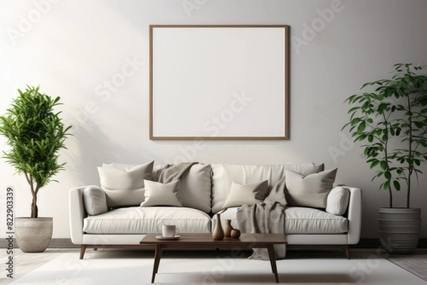 Fototapeta Empty frame hanging on wall in modern living room