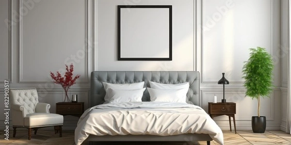 Fototapeta Empty frame hanging on wall in modern bed room