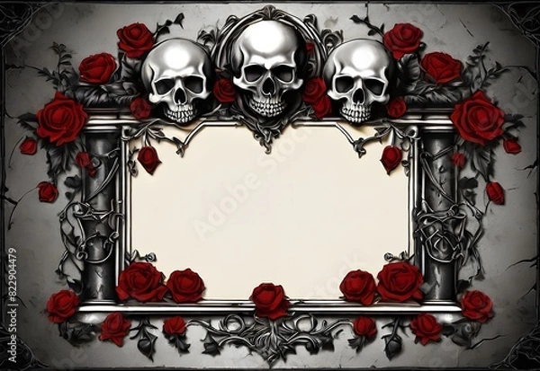 Fototapeta A gothic-themed blank text box with skulls and roses, ideal for dark content, generative AI