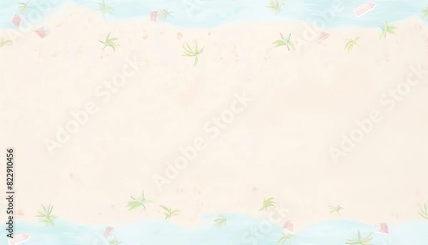 Fototapeta A beach-themed background with sand, blue water, and small illustrations of palm trees and seashells. Ideal for summer and vacation designs.