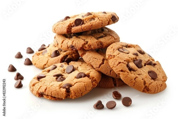 Obraz Freshly baked chocolate chip cookies on a white background