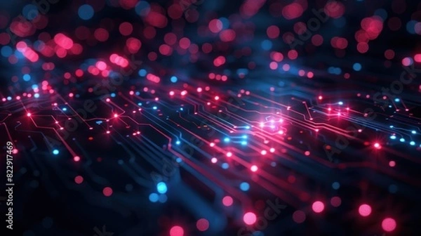 Fototapeta An abstract background with interconnected digital nodes and circuit patterns.