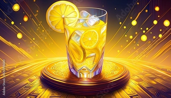 Fototapeta Firefly A refreshing glass of lemonade with ice cubes and a slice of lemon, set on a clear glass