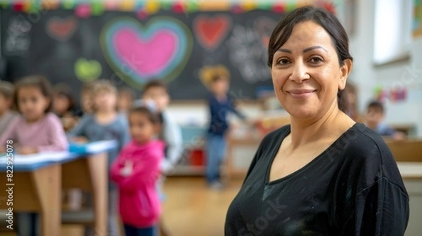 Fototapeta Back to School Elementary School Teacher with Kids and Colorful and Playful Classroom