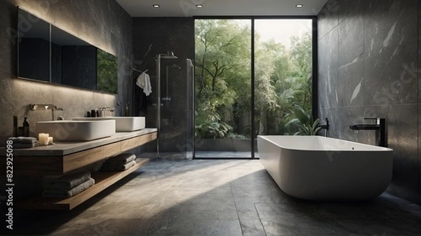 Fototapeta Minimalist Luxury: Modern Bathroom with Freestanding Tub and Marble Finishes. Generative AI