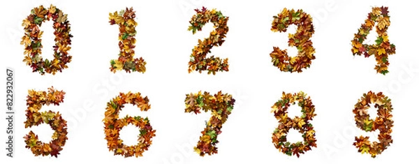 Fototapeta Autumn Inspired Numerals 0-9 Crafted from Fallen Leaves on transparent Background