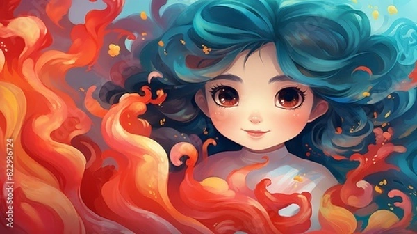Fototapeta Chibistyle art with wavy lines, vivid colors in a cartoony, stylized digital format.
