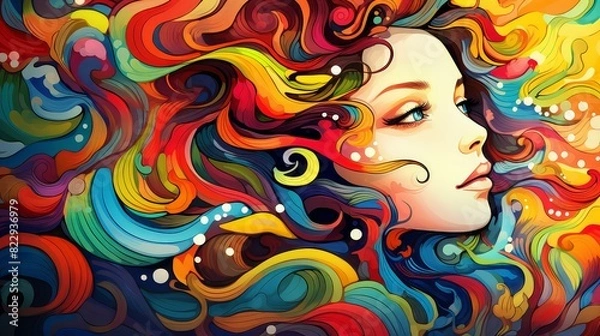 Fototapeta Chibistyle art with wavy lines, vivid colors in a cartoony, stylized digital format.