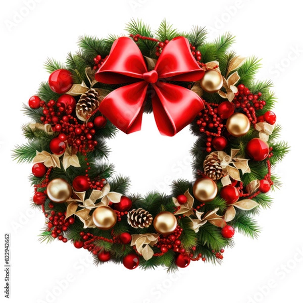 Fototapeta Beautiful traditional Christmas decorative wreath made of fir tree isolated on transparent background. Png clip art design element.