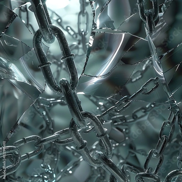 Fototapeta Artistic stock image with an intriguing interplay of delicate glass and solid industrial chains, highlighting the contrast between subtlety and strength