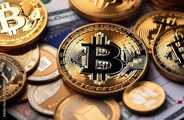 Fototapeta Bitcoin lying on top of a pile of dollar euro banknotes. Exchange US dollars for bitcoin. Cryptocurrency on dollar bills. Digital method of payment. Concept of virtual money. a Bitcoin coin is on top