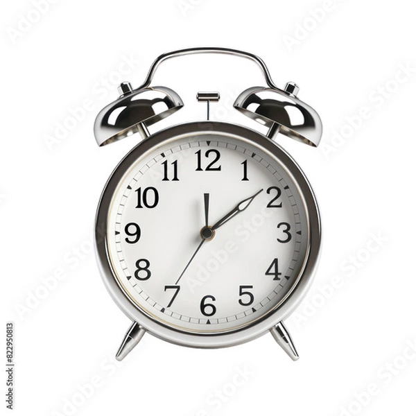 Fototapeta Silver retro alarm clock isolated on white or transparent background, png clipart, design element. Easy to place on any other background.