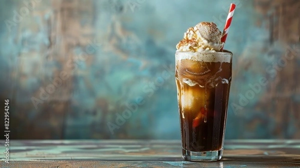 Fototapeta A vintage-style photograph of a root beer float. A tall glass filled with creamy vanilla ice cream, creating a foamy head. A red and white striped straw rests on the rim of the glass