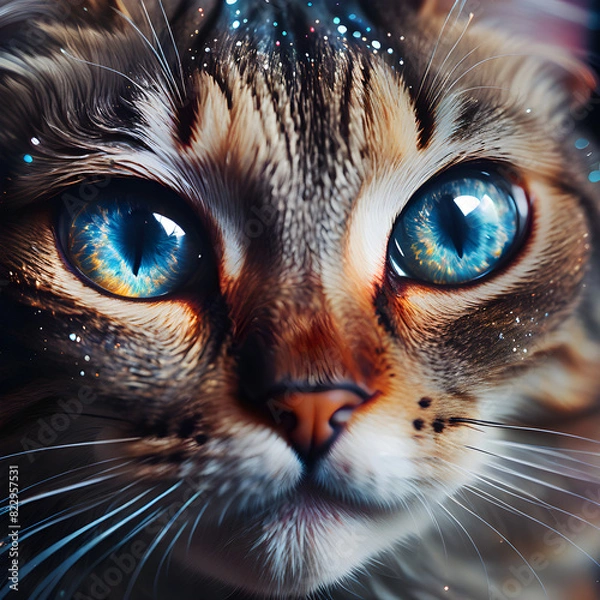 Fototapeta A close-up portrait of a cat looking up, featuring its expressive eyes and detailed fur
