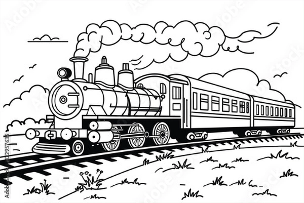 Fototapeta Coloring Pages with train for kids, Vector black and white steam train. Public transport icon or coloring page isolated on white background.