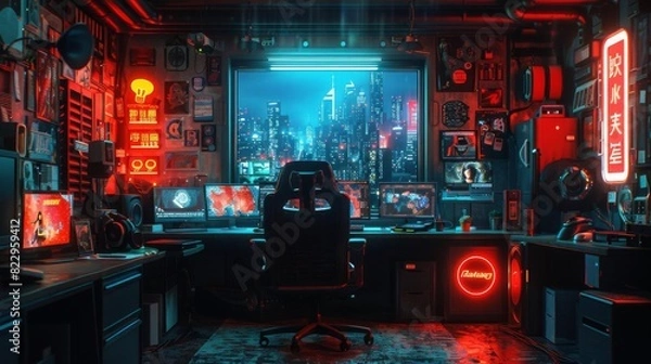 Fototapeta A dark and moody gaming room with a large window looking out onto a city at night. The room is full of high-end gaming equipment and neon lights.