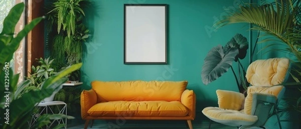 Fototapeta A Scandinavianinspired living room with a teal wall, a vibrant sofa, a modern chair, and an empty poster frame