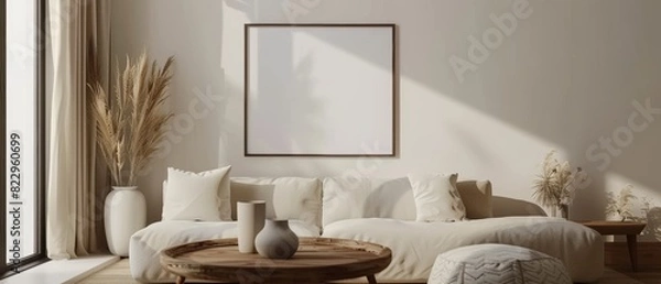 Obraz A stylish living room with a round wooden coffee table, a light sofa, and a blank mock up frame on the wall