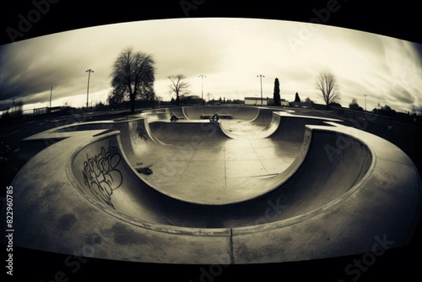 Fototapeta Skateboard park with skateboard ramp and bench.