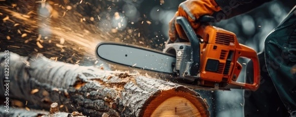 Fototapeta chainsaw in motion, slicing through a log with sawdust flying around Suitable for work and power tools themes.