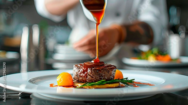 Obraz A chef is pouring sauce over a plate of food