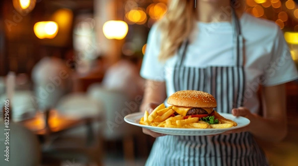 Fototapeta close up of waitress holding white plate with hamburger and fries, blurred background in restaurant or hotel interior, soft focus, bokeh effect