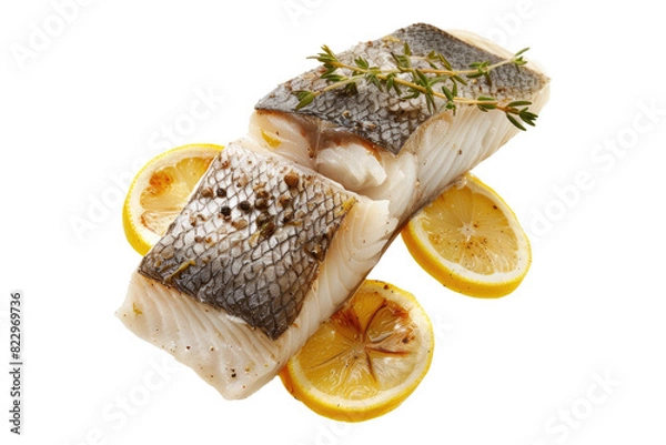 Obraz Roast sea bass filled with lemon and thyme isolated on a white background