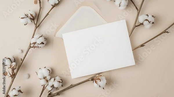 Fototapeta Holiday greeting card mockup with dried branch of cotton flowers and envelop on beige background, top view, flat lay. Empty white wedding invitation card mock up. Generative Ai