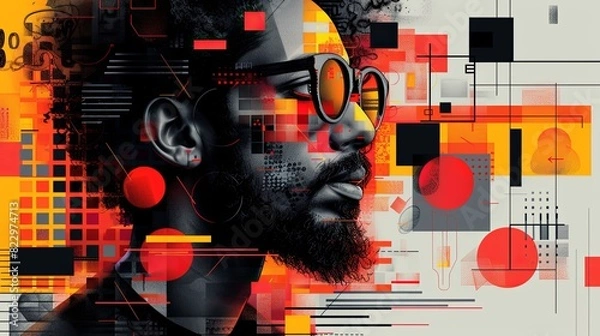 Fototapeta Digital design and visual material drawing neubrutalism tiny person concept. Website layout, interface or corporate style creation with geometric figures, fonts, color and shapes vector illustration