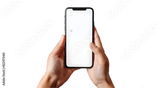 Fototapeta hand holding black cell phone smartphone with blank white screen and modern design isolated on a transparent background