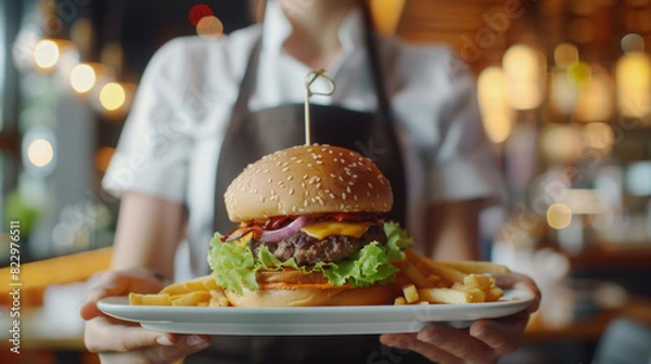 Obraz Close up of hands holding tray with burger and fries, fast food restaurant background. asian waitress in uniform serving diner meal at table for family or group people