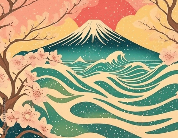 Obraz 富士山と桜と海が見えるファンタジーな風景