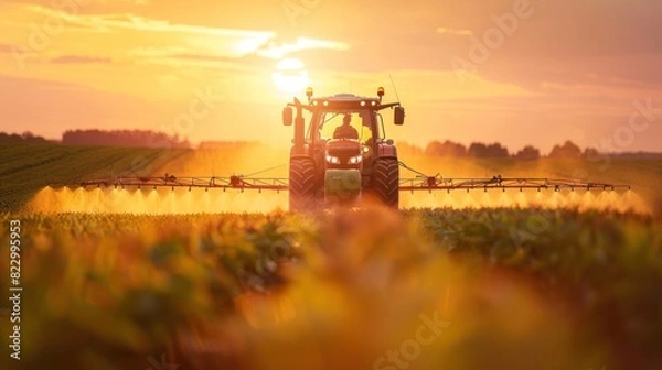Obraz Against the backdrop of a dramatic sunset, a modern tractor is seen actively spraying crops on a vast farm.