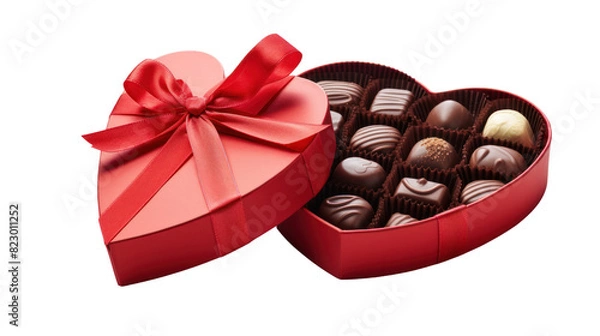 Fototapeta a heart-shaped box of chocolates with a ribbon tied on top isolated on transparent and white background.PNG image